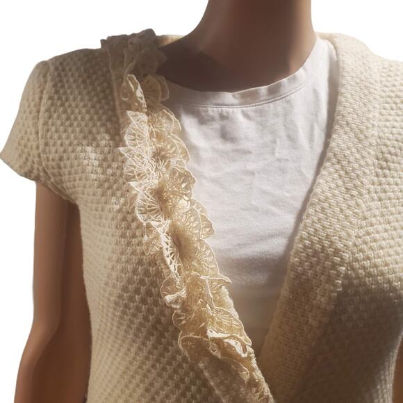 Tabitha Anthropologie Size S Ivory Wool Snap Ruffle Cardigan Sweater Pockets - Picture 2 of 9